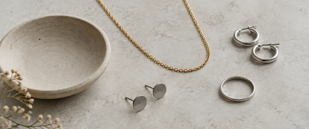 Flat lay of a fine gold chain, silver hoop earrings, flat titanium studs and a white metal band ring on pale stone