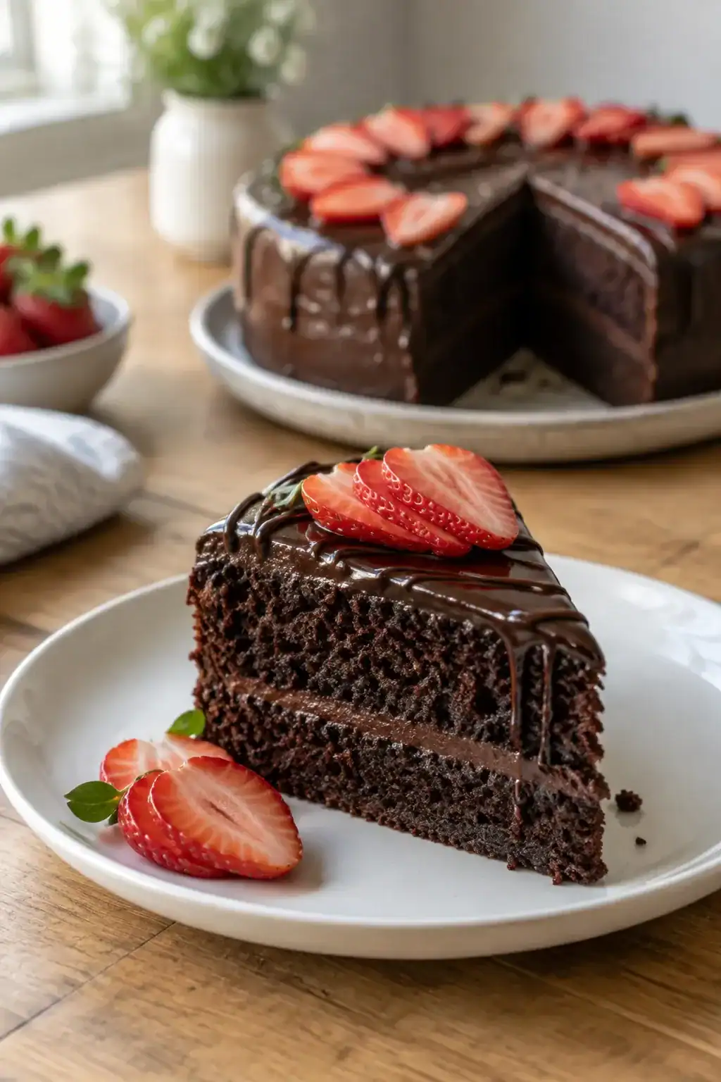 A slice of dark chocolate cake with a chocolate drizzle and sliced strawberries.