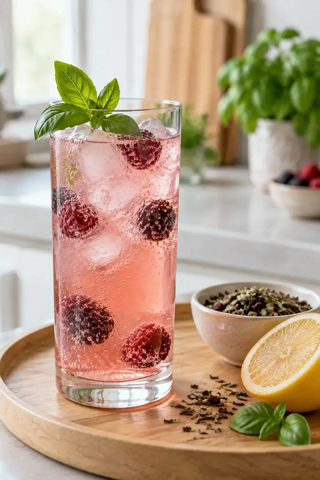 Glass of sparkling berry drink with herbs and ice on a wooden tray