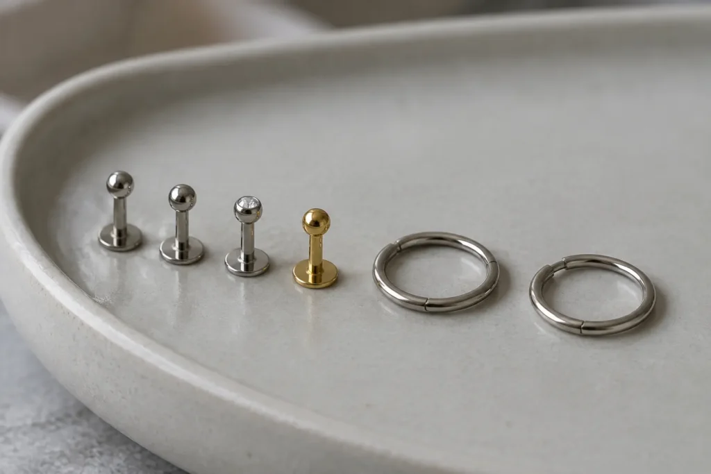 Titanium labret studs, a small gold flat-back stud and two seamless titanium hoops on a pale ceramic tray