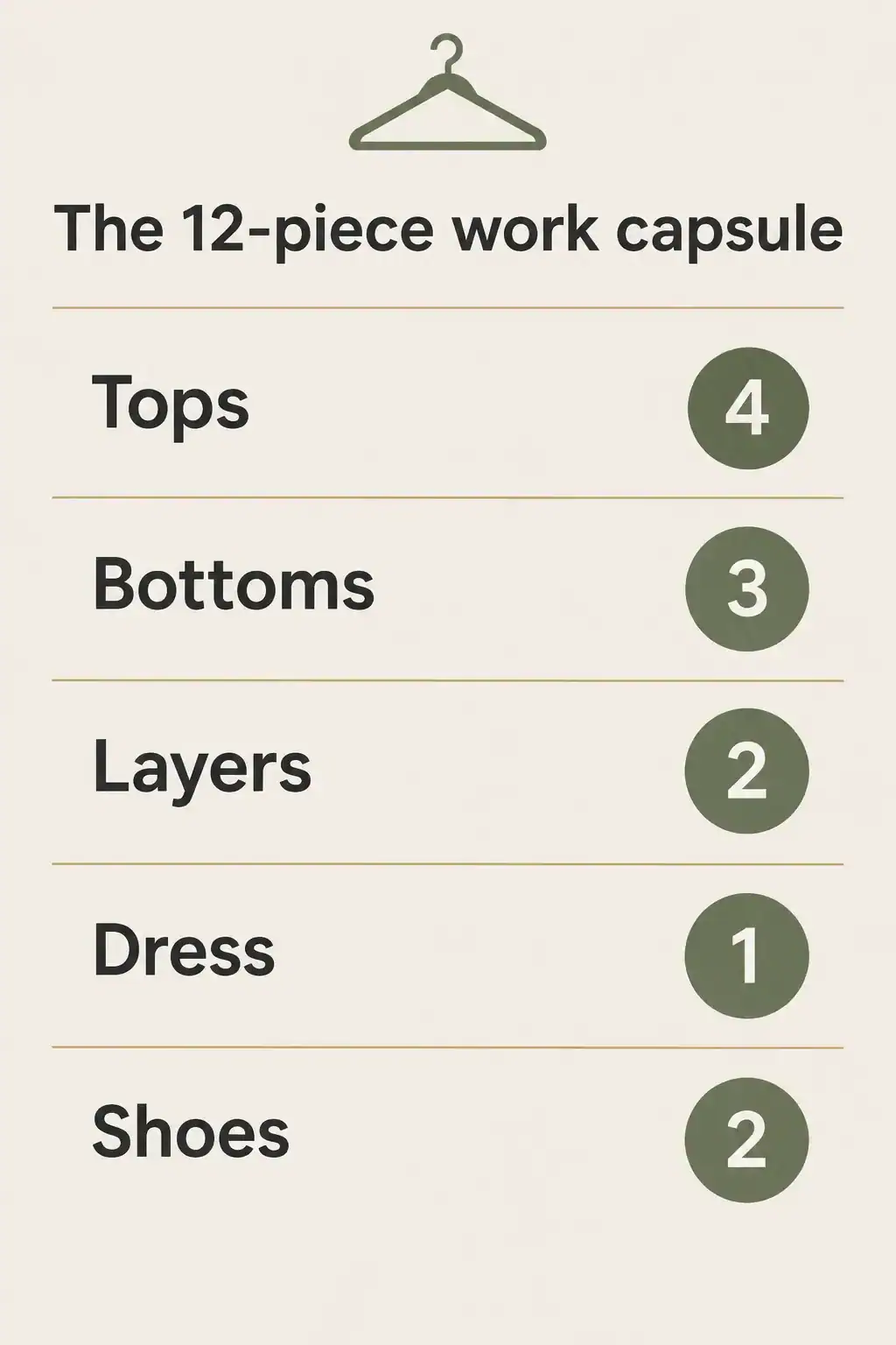 The 12-piece work capsule: 4 tops, 3 bottoms, 2 layers, 1 dress and 2 pairs of shoes