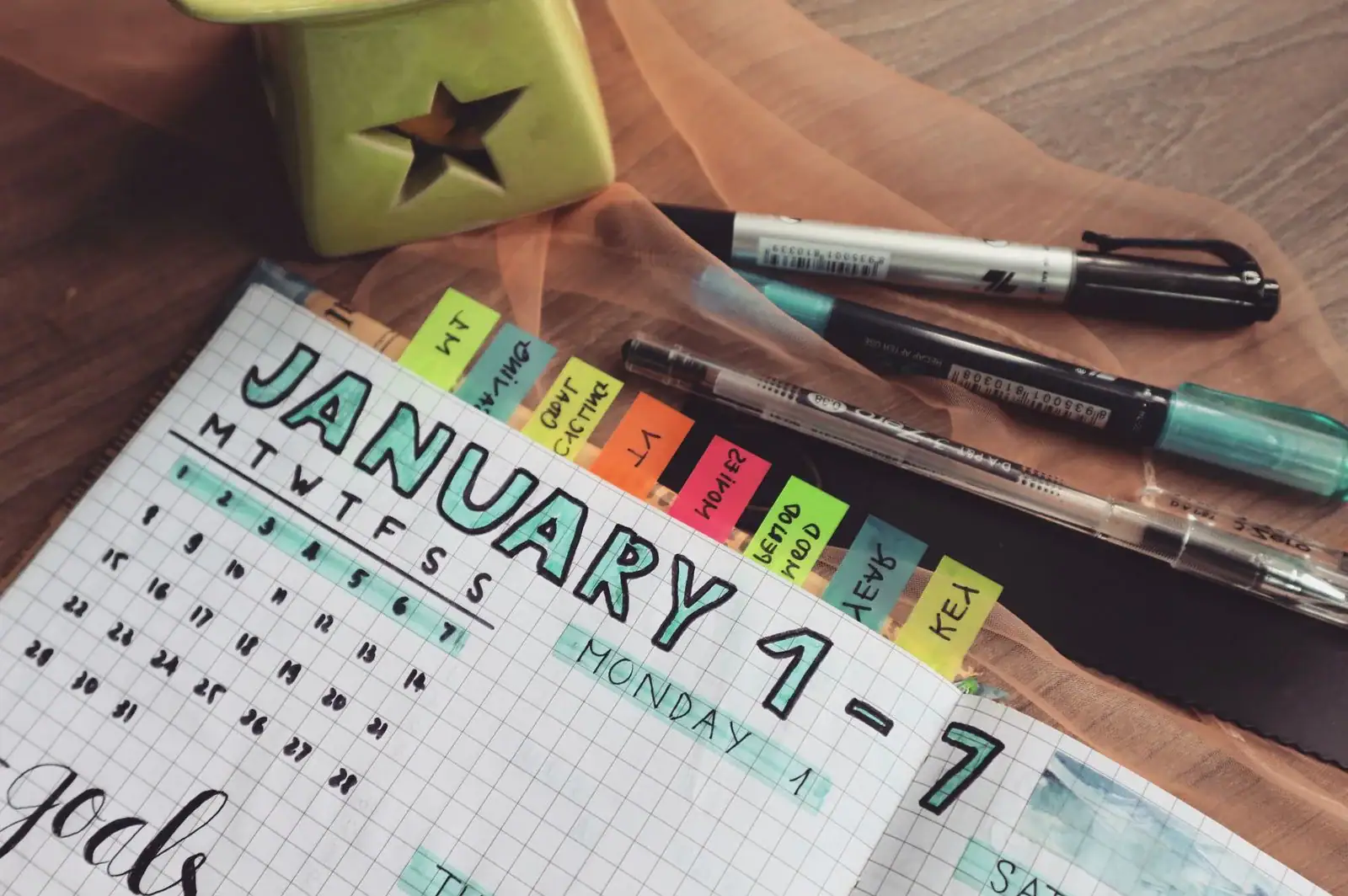A January weekly planner with colored tabs and pens