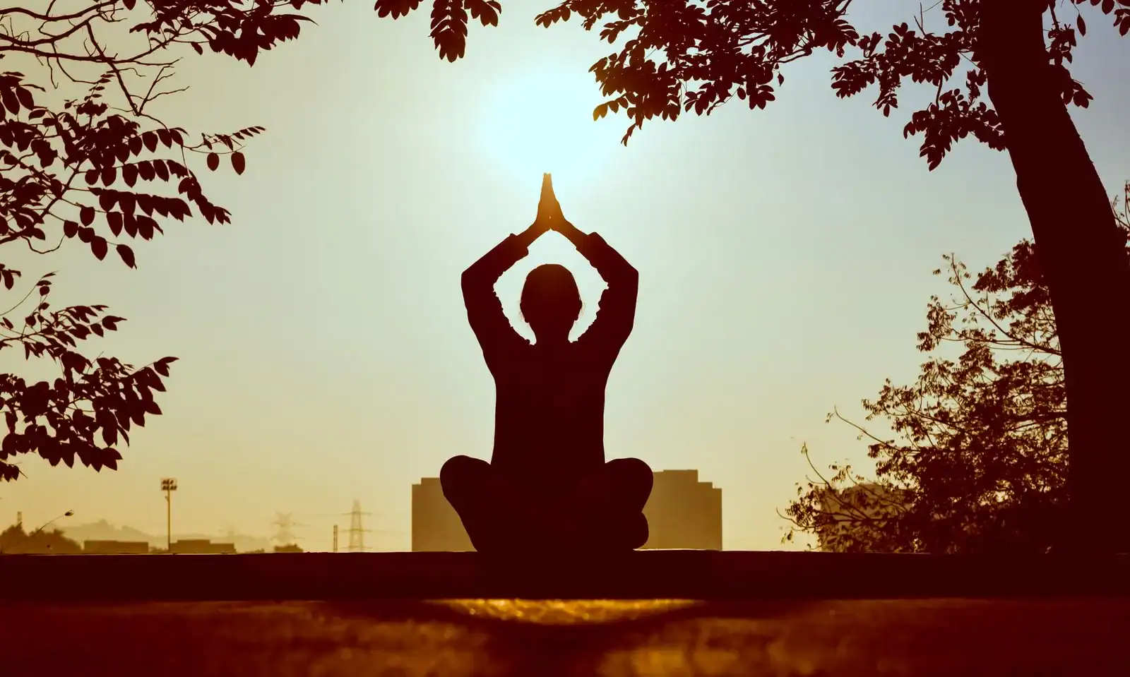 A person in a yoga pose against a sunrise