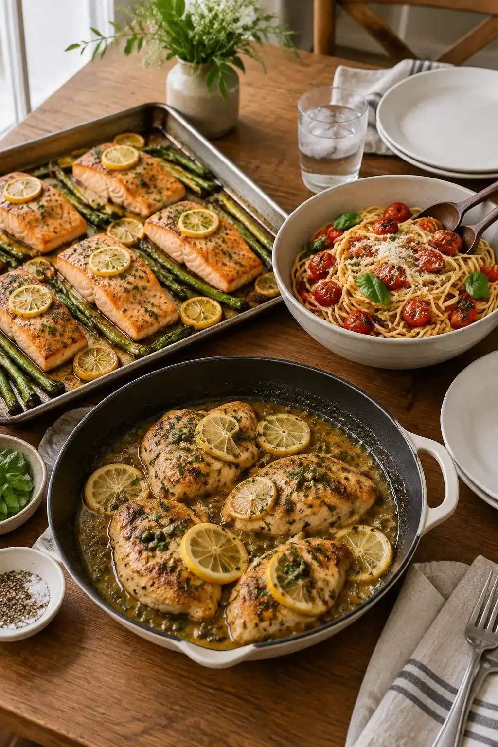 Weeknight dinner table with sheet pan salmon, a pasta dish and a skillet of chicken