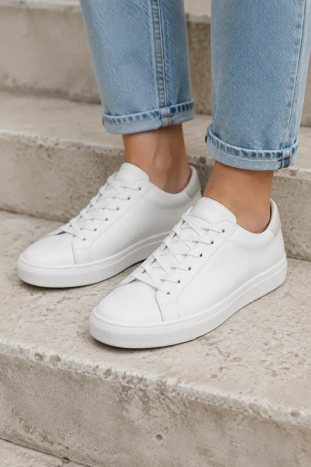 Clean white leather sneakers on pale stone steps beside rolled jeans.
